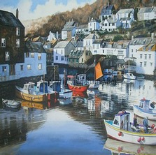 Shadows edge, into water, Polperro.  Graham Munt Oil paintings, prints & postcards